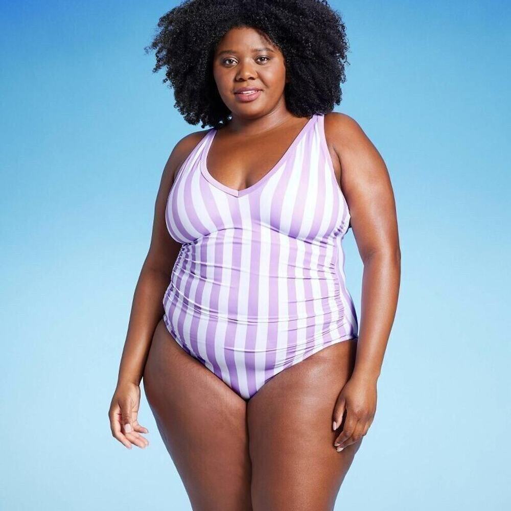 Kona Sol One Piece Swim Suit Striped Preppy Purple Swimsuit Bathing Suit 24W NWT